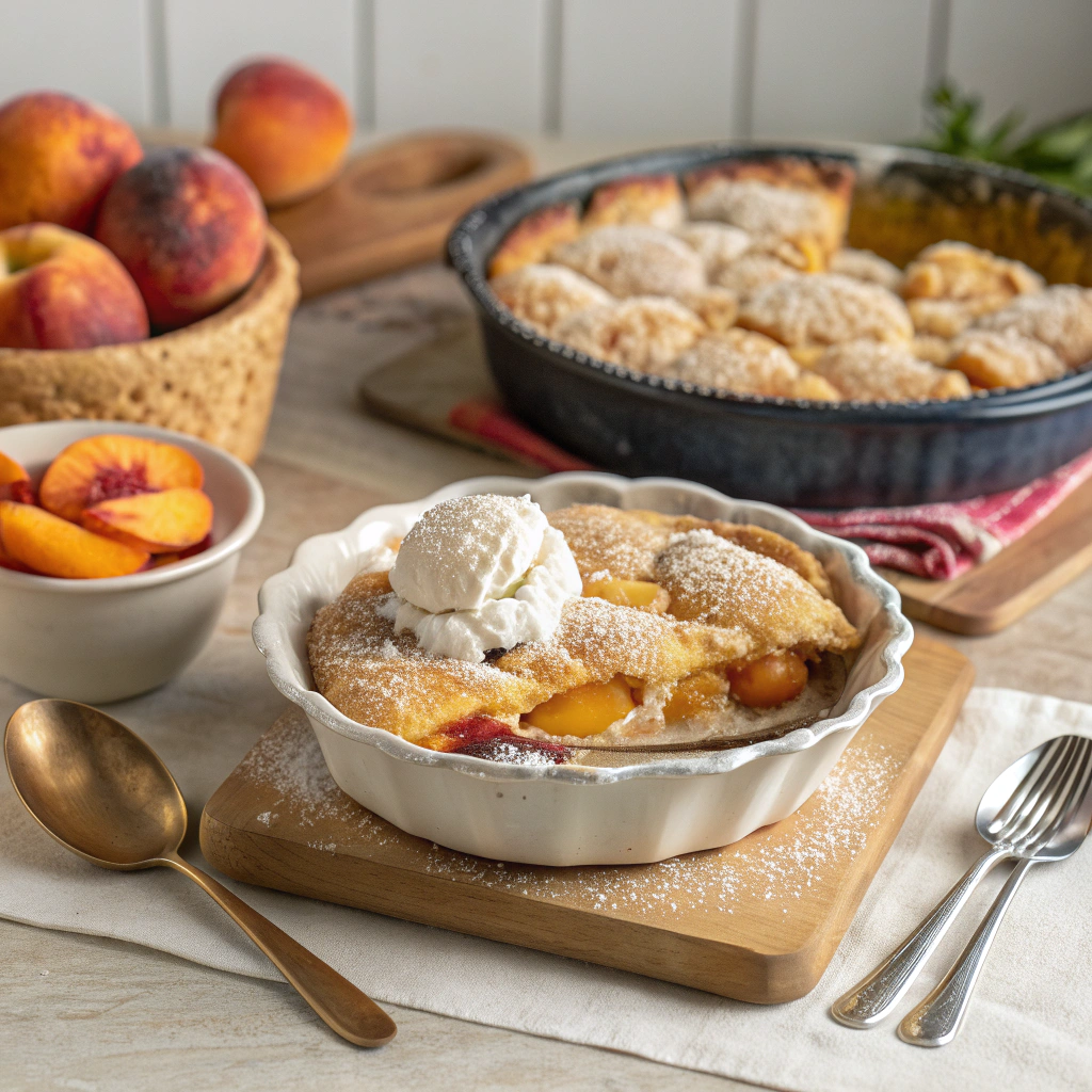 A warm and golden peach cobbler served in a baking dish, with a crispy topping and juicy peach filling, garnished with a scoop of vanilla ice cream.