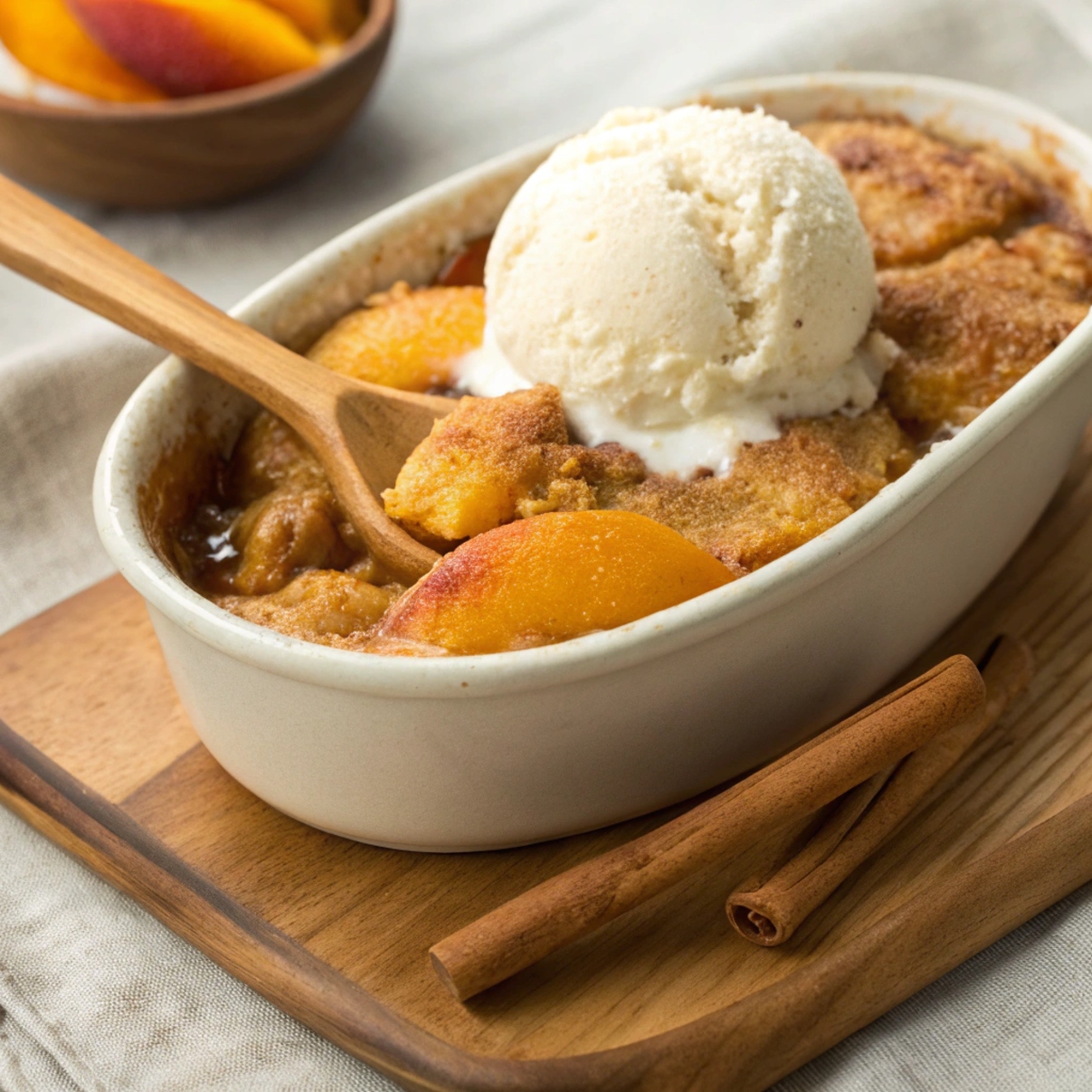 Freshly baked peach cobbler served warm with a scoop of vanilla ice cream