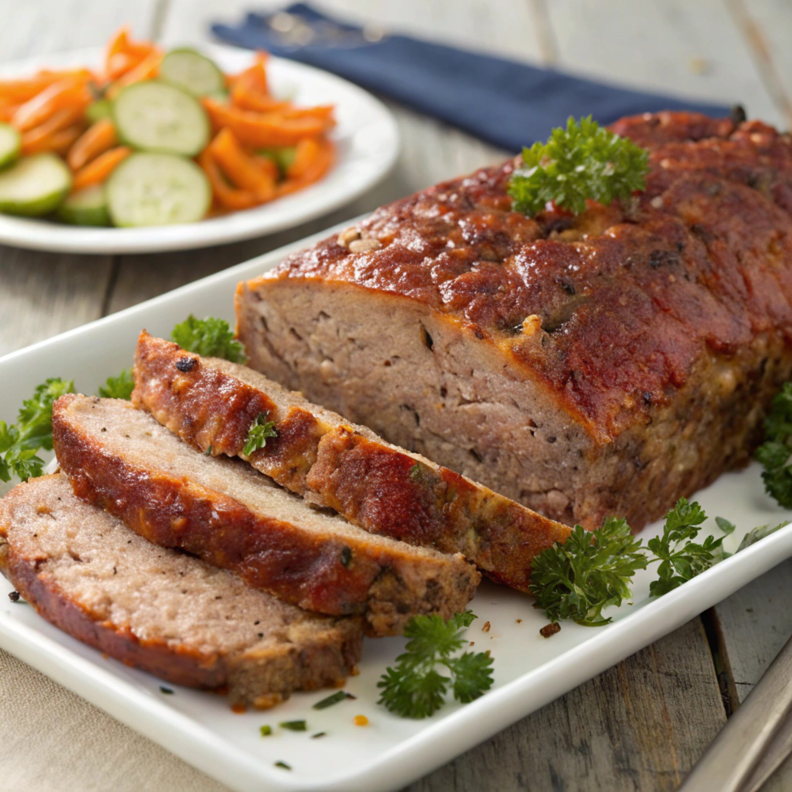 "Close-up image of a freshly baked meatloaf glazed with ketchup, sliced to show the tender interior, served on a plate with vegetables."