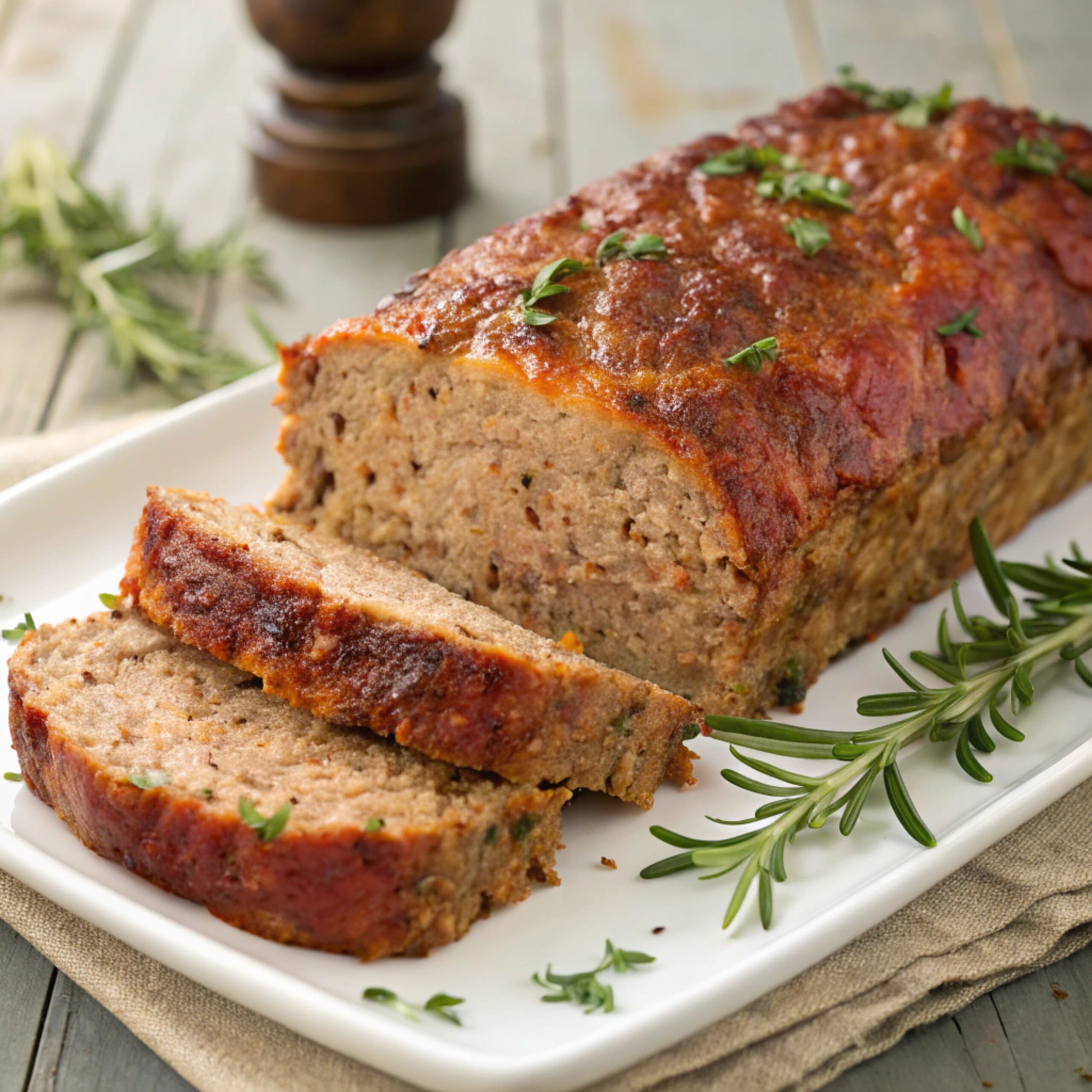 "Golden-brown glazed meatloaf sliced to reveal a juicy, tender interior, served on a plate."