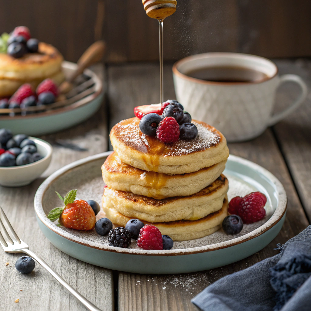 Fluffy ricotta pancakes stacked on a plate, topped with fresh berries and a drizzle of syrup, showcasing a delicious twist on a classic breakfast recipe.