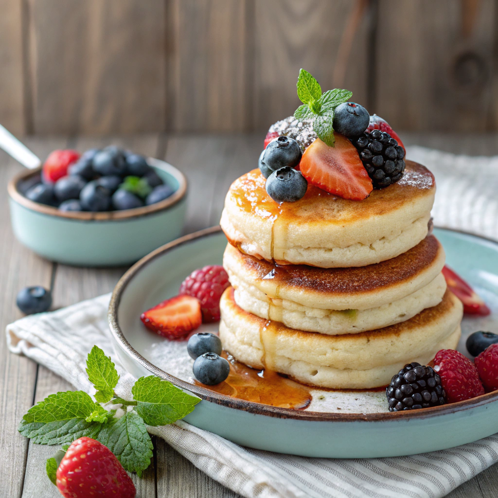 Fluffy ricotta pancakes stacked on a plate, topped with fresh berries and a drizzle of syrup, showcasing a delicious twist on a classic breakfast recipe.