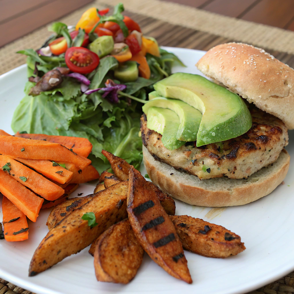 A plate featuring a delicious avocado chicken burger alongside colorful healthy sides such as baked sweet potato fries, a fresh green salad, and grilled vegetables.