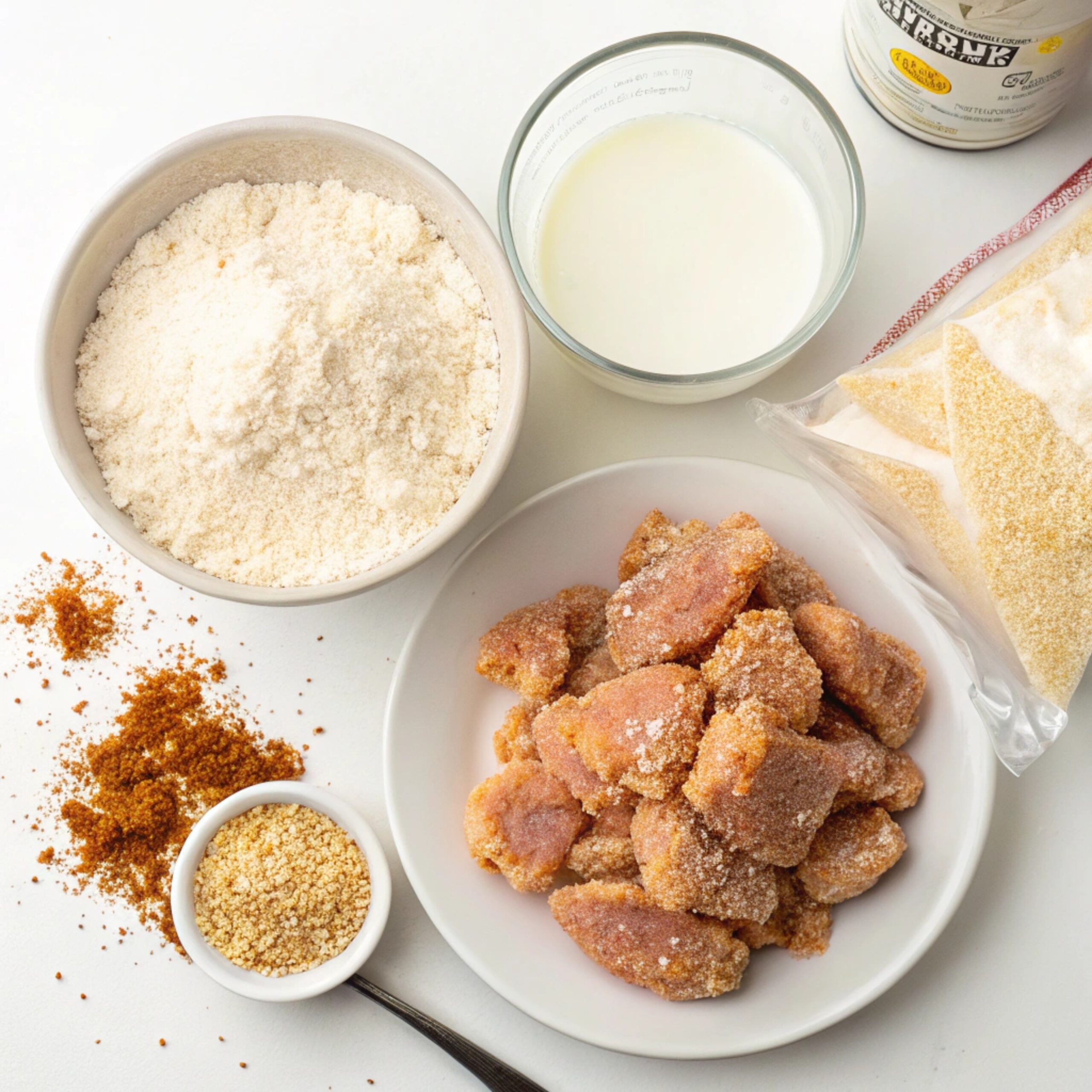 An arrangement of ingredients for making classic popcorn chicken, including chicken pieces, breadcrumbs, eggs, spices, and dipping sauces.