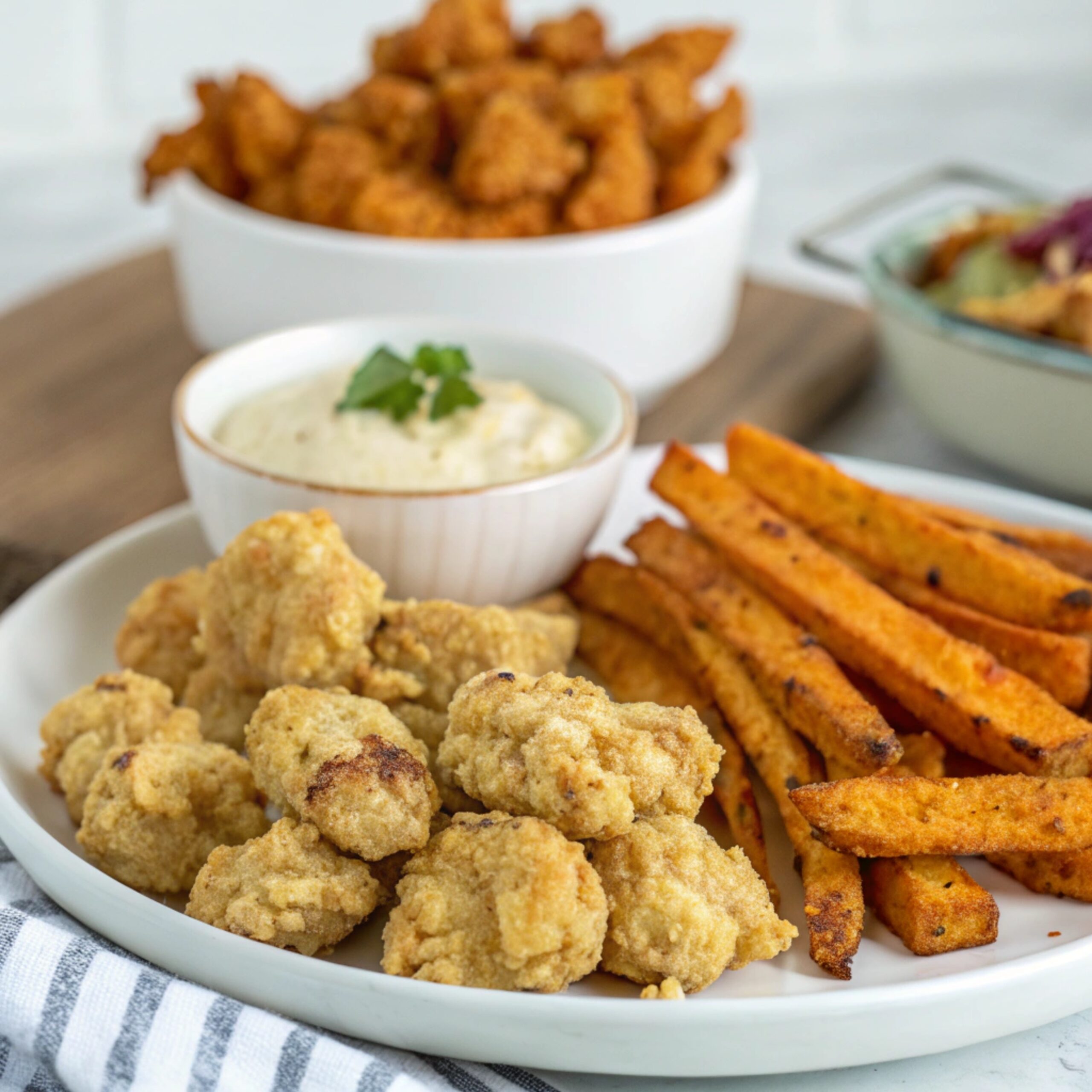 A plate of crispy popcorn chicken served with golden French fries and baked sweet potato fries, garnished with fresh herbs.