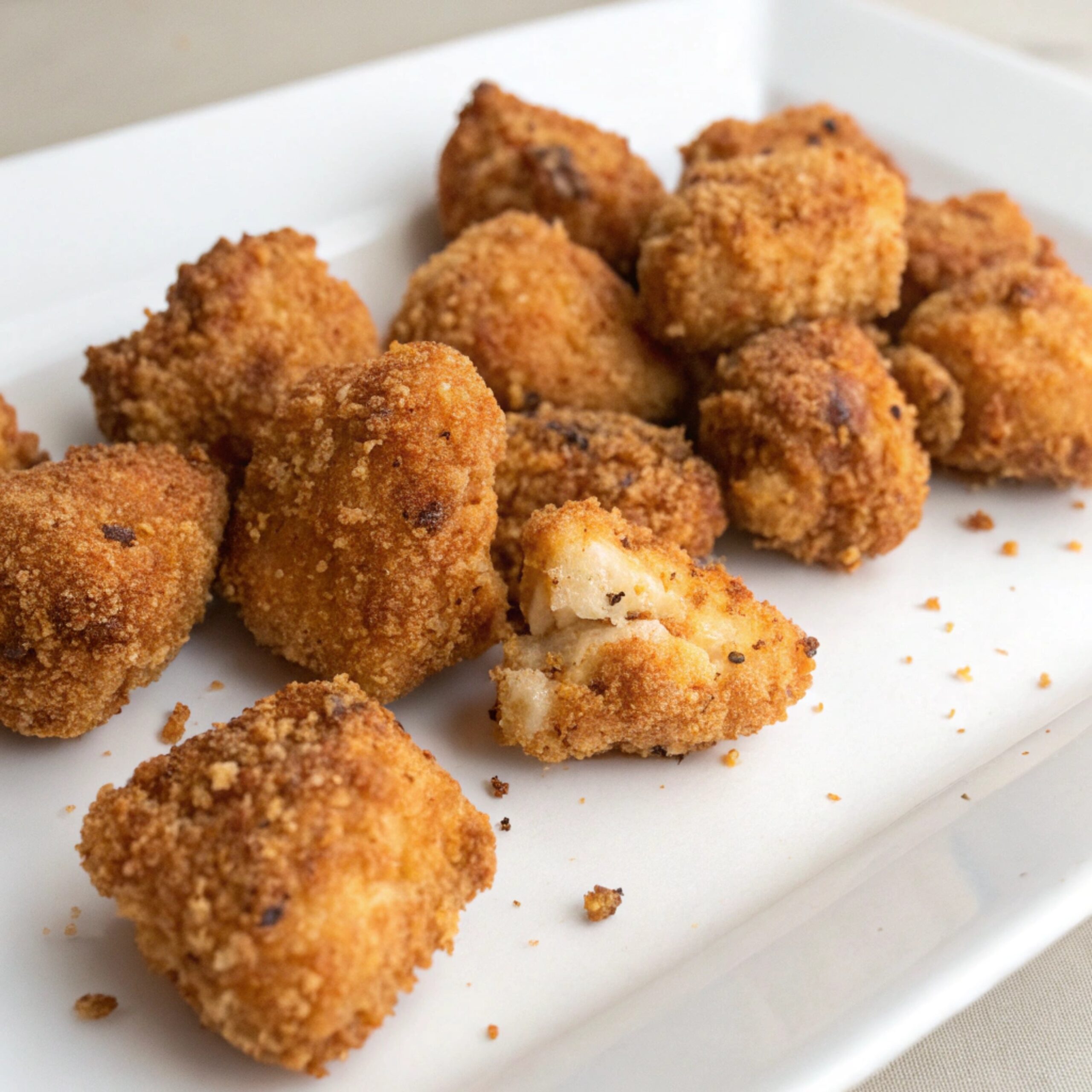A plate of golden, crispy popcorn chicken served with dipping sauces, showing juicy interior and crunchy coating.
