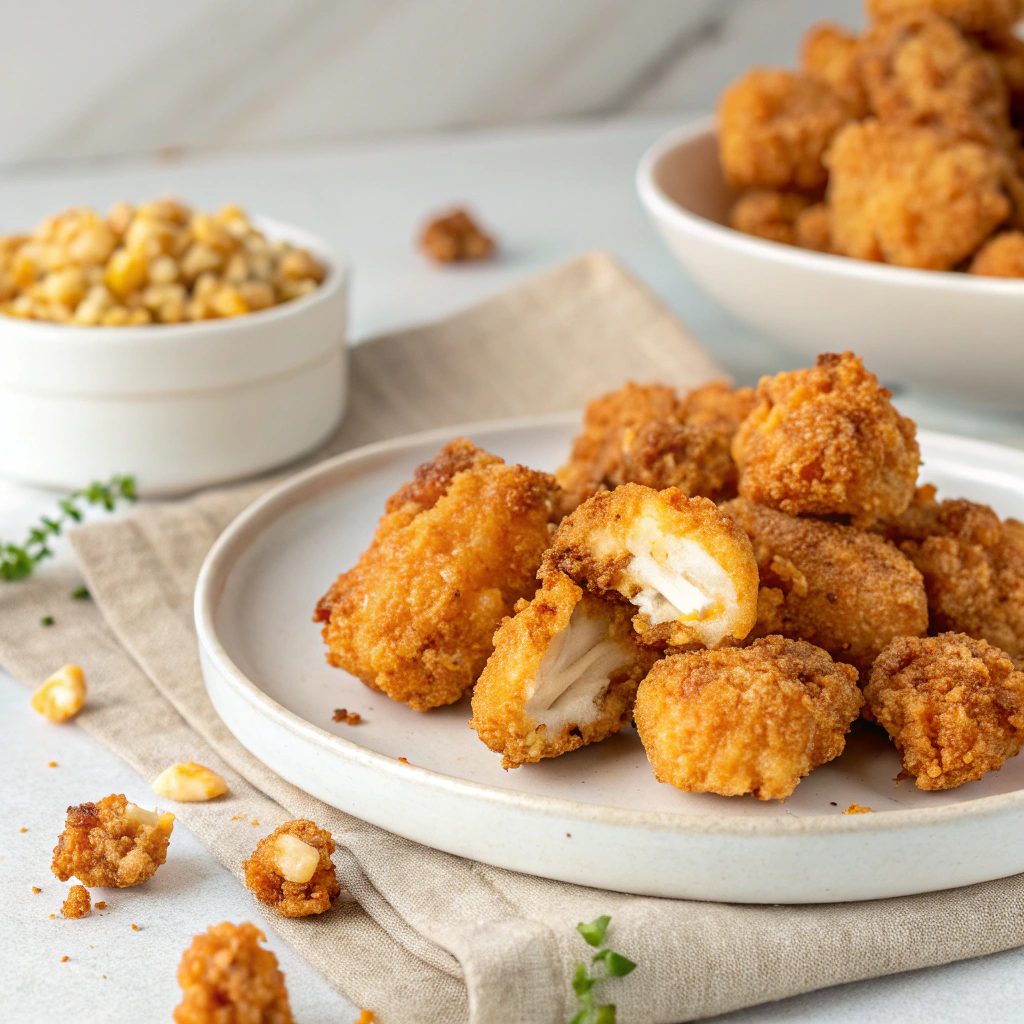 "Plate of crispy, golden popcorn chicken served with dipping sauces."