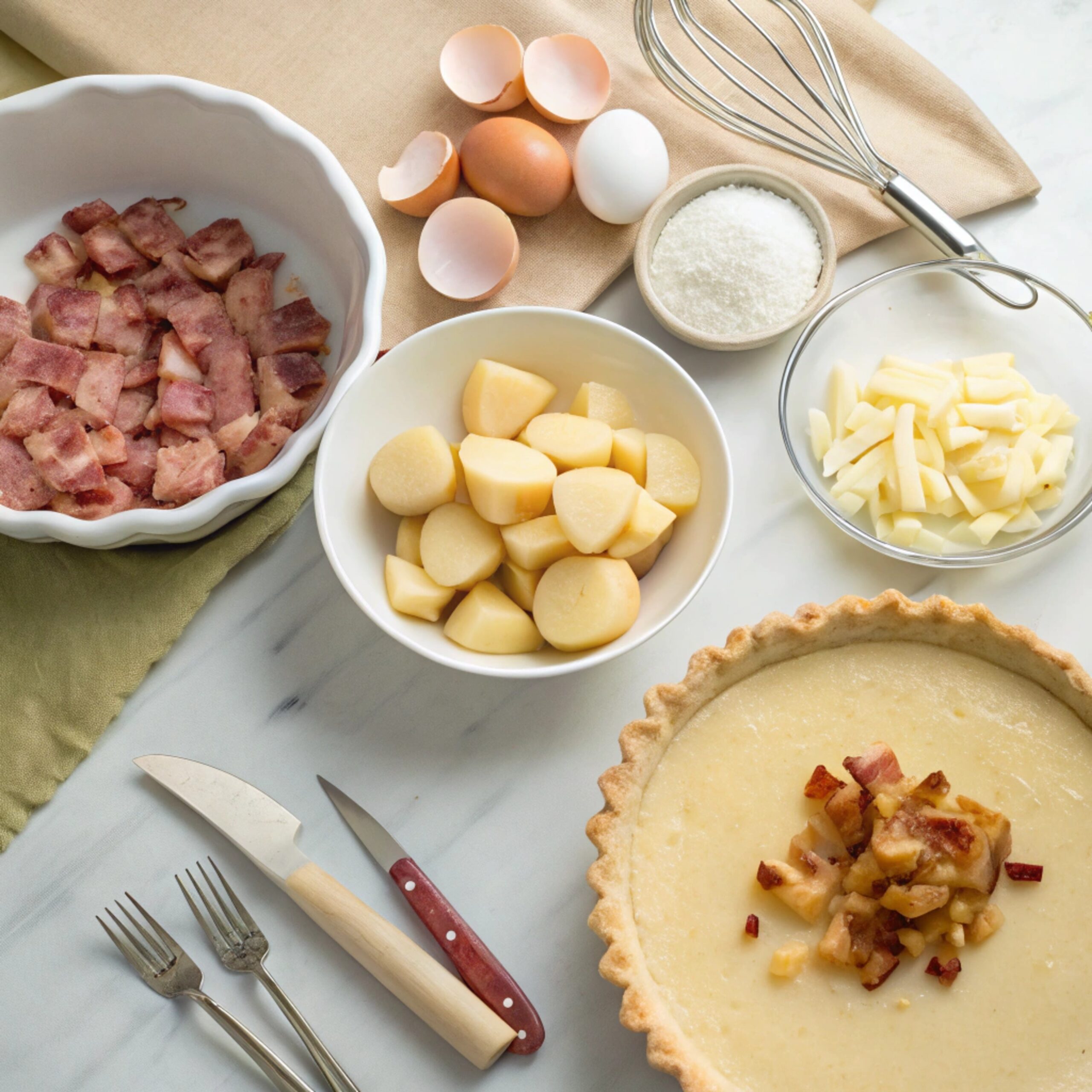 A series of images showing the step-by-step process for making potato and bacon quiche, including slicing potatoes, cooking bacon, assembling the quiche, and baking.
