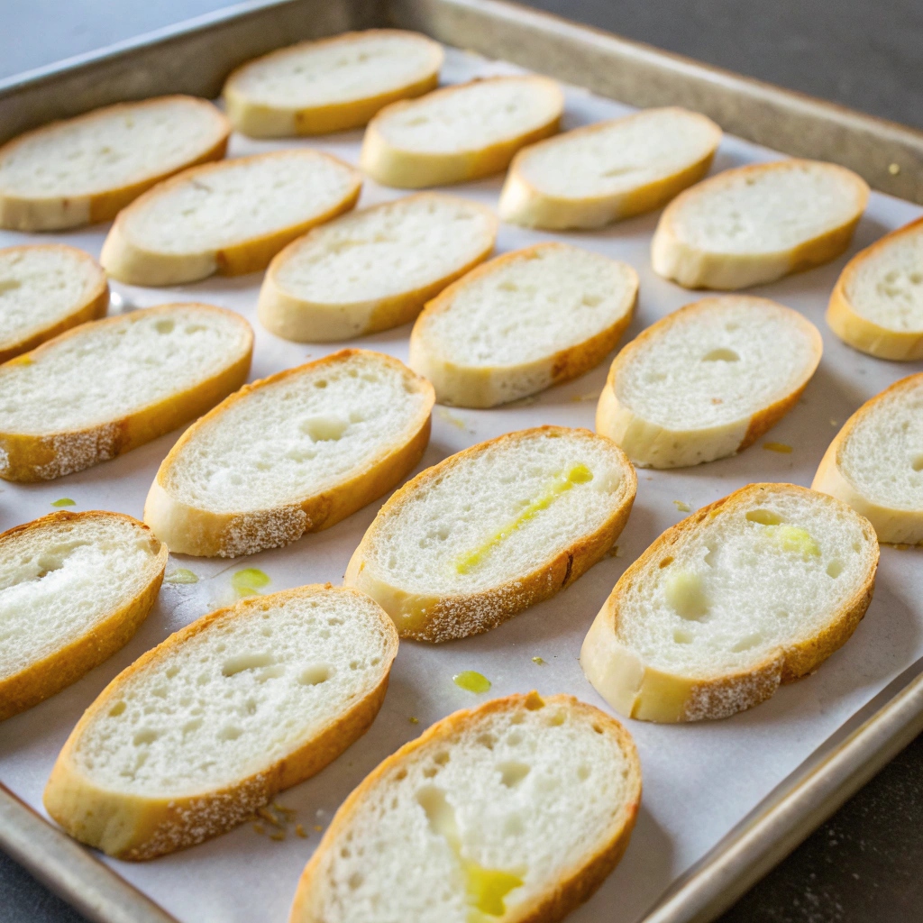 Golden toasted slices of rustic bread with a crispy texture, ready for bruschetta topping.