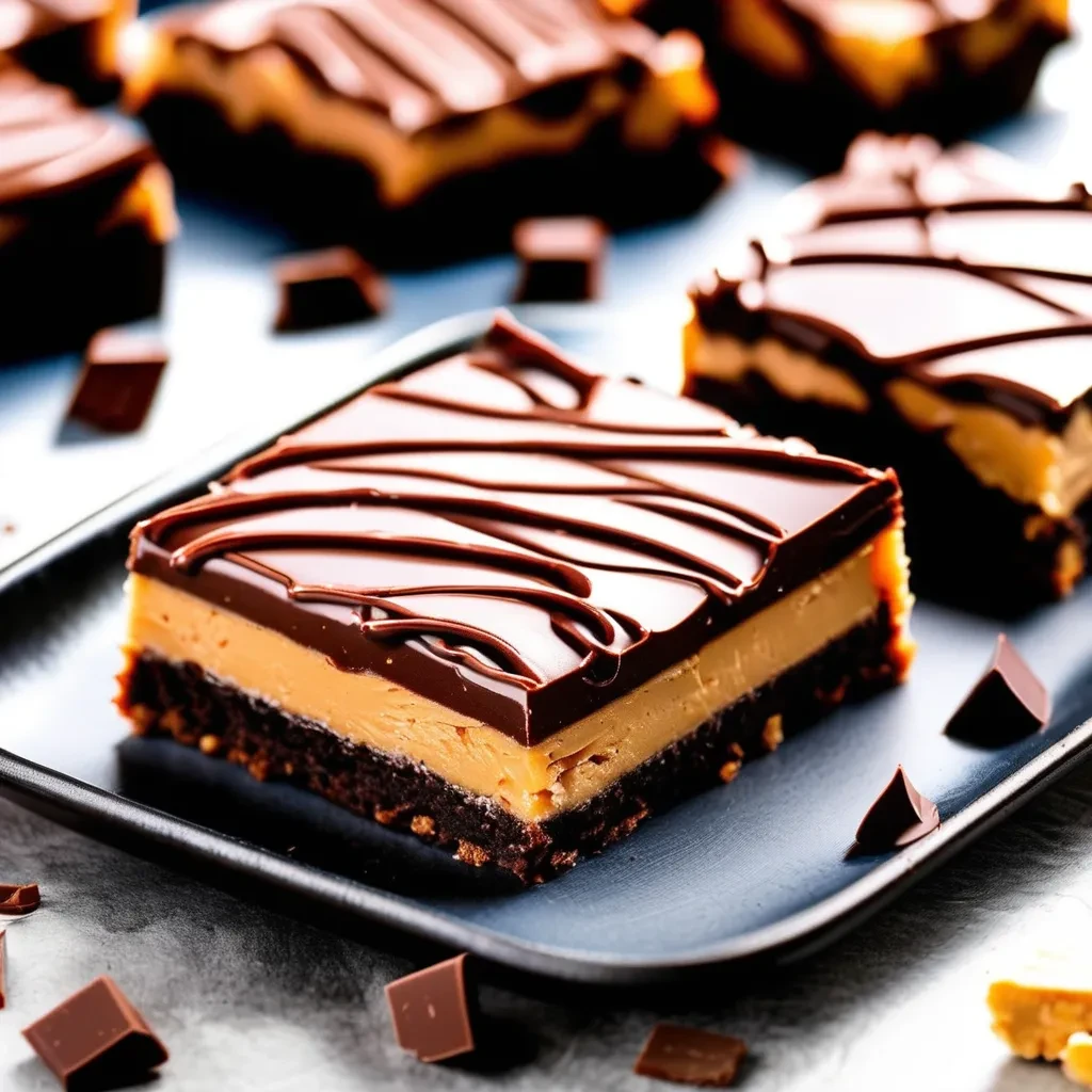 "Close-up of a delicious chocolate peanut butter bar topped with a layer of smooth chocolate and sprinkled with crushed peanuts. The bars are cut into squares, showcasing the creamy peanut butter center and rich chocolate coating."