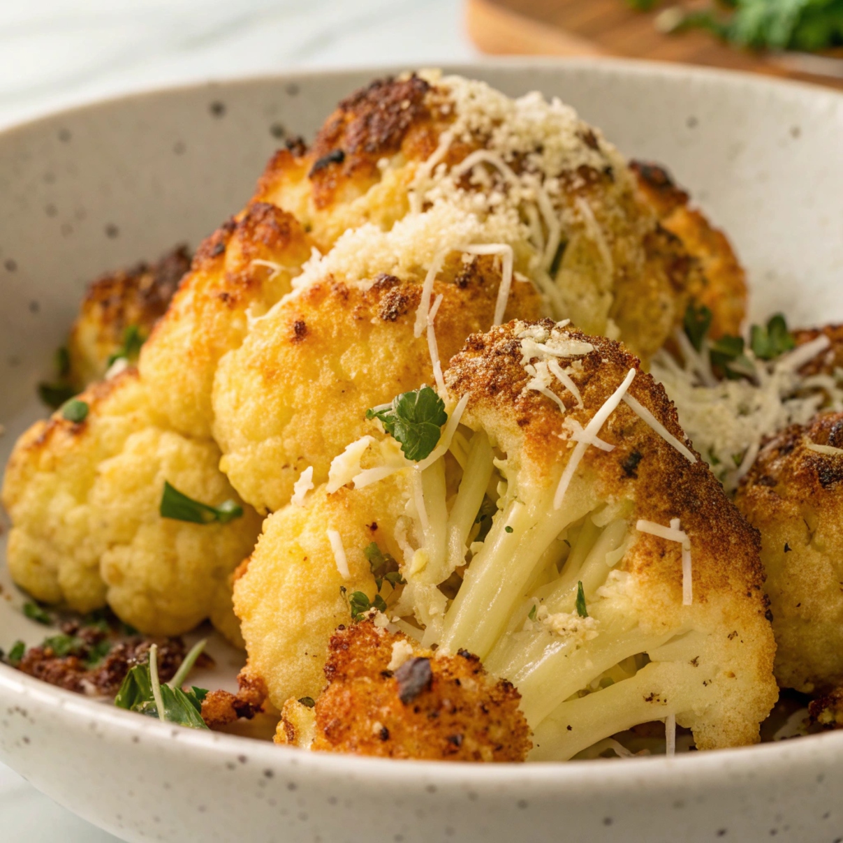 Crispy roasted cauliflower topped with Parmesan cheese served on a white plate