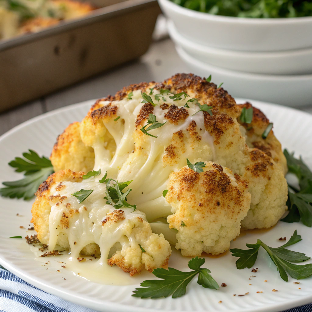 "Golden brown roasted cauliflower florets topped with melted Parmesan cheese, garnished with fresh parsley on a parchment-lined baking sheet."