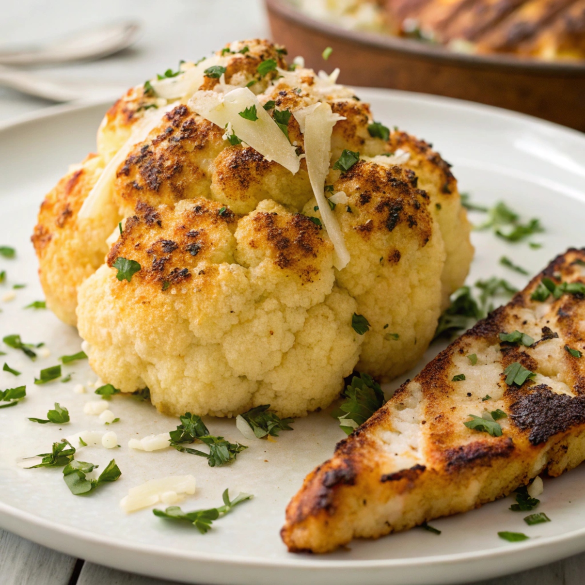 Roasted cauliflower with Parmesan cheese served next to grilled chicken breast