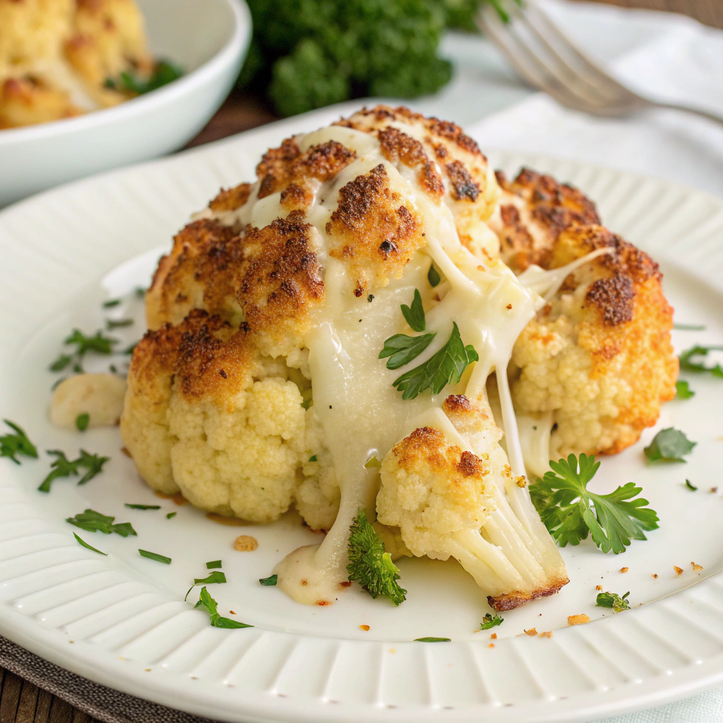 "Golden brown roasted cauliflower florets topped with melted Parmesan cheese, garnished with fresh parsley on a parchment-lined baking sheet."