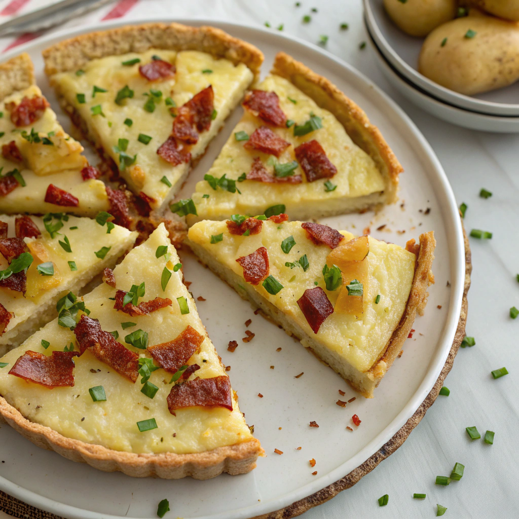 Savory potato and bacon quiche with a golden, crispy crust and creamy filling, perfect for any meal.