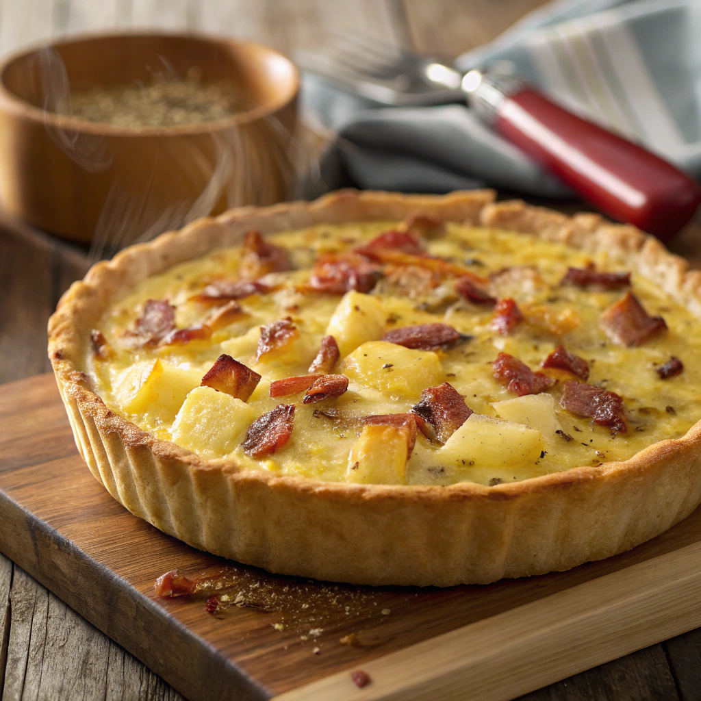 Savory potato and bacon quiche with a golden, crispy crust and creamy filling, perfect for any meal.