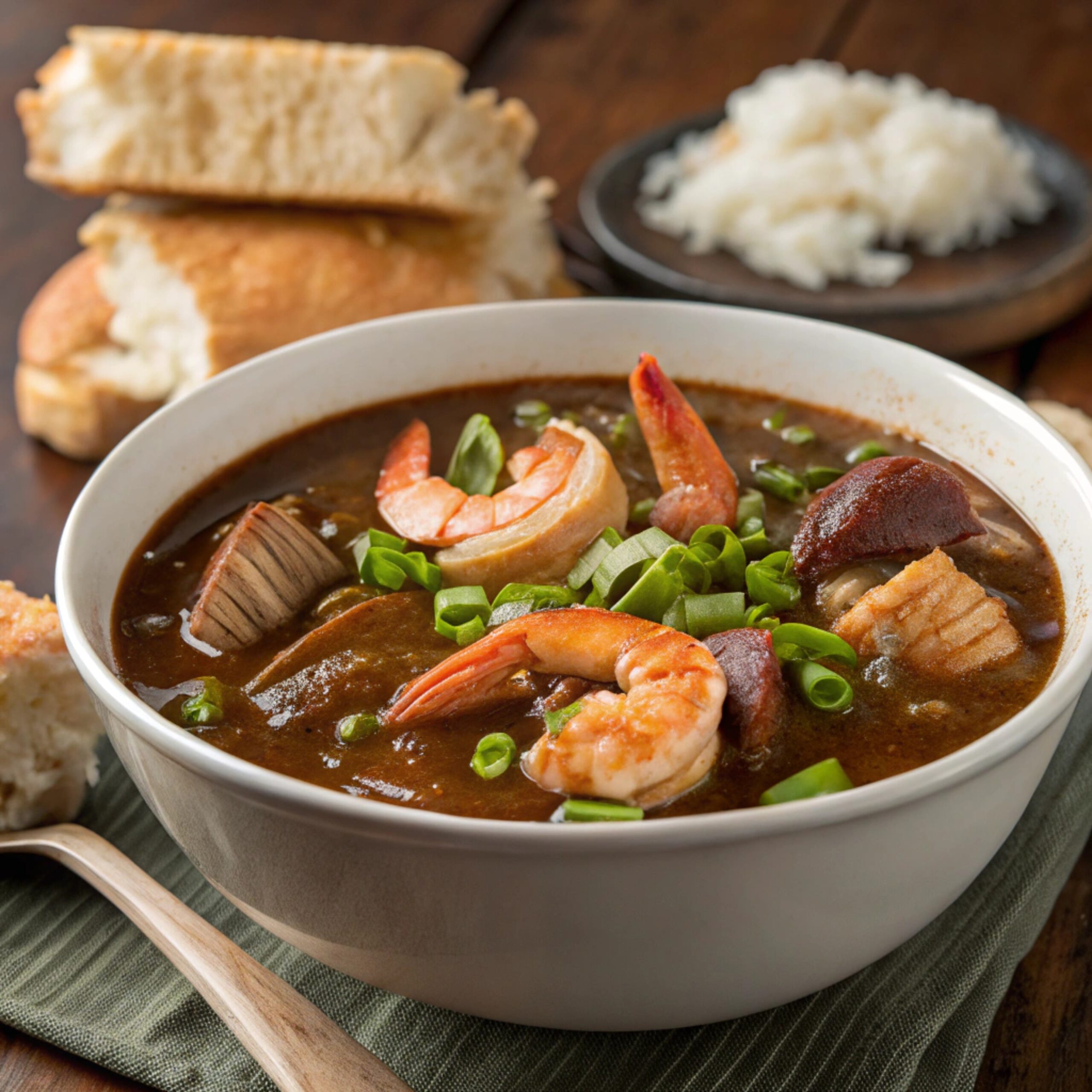 A bowl of hearty seafood gumbo filled with shrimp, crab, and fish, garnished with chopped green onions. In the background, slices of bread and a small plate of mashed potatoes are visible, creating a warm and inviting setting.