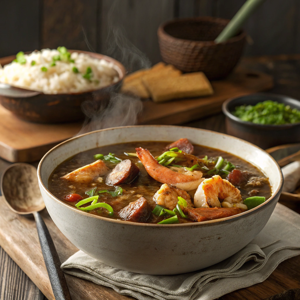 "Seafood Gumbo Recipe: A Taste of Louisiana - A bowl of rich, flavorful gumbo filled with shrimp, crab, sausage, and vegetables, garnished with fresh parsley and served over white rice."