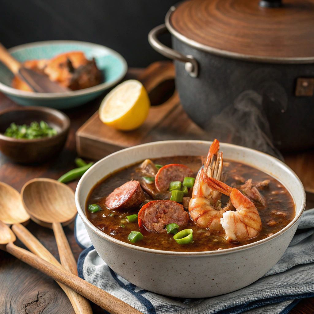 "Seafood Gumbo Recipe: A Taste of Louisiana - A bowl of rich, flavorful gumbo filled with shrimp, crab, sausage, and vegetables, garnished with fresh parsley and served over white rice."