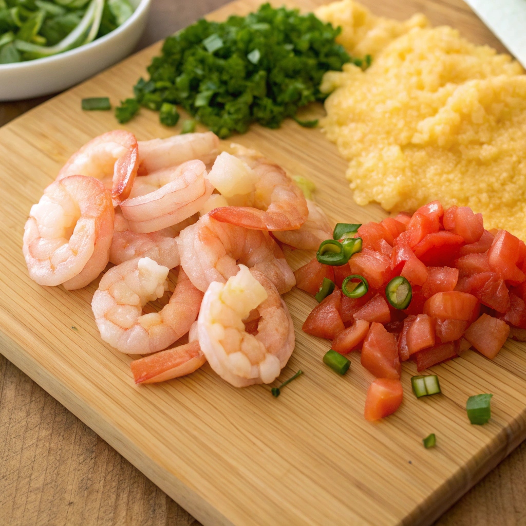 A bowl of raw shrimp, a jar of stone-ground grits, bacon, garlic, bell peppers, and fresh herbs arranged on a kitchen countertop.