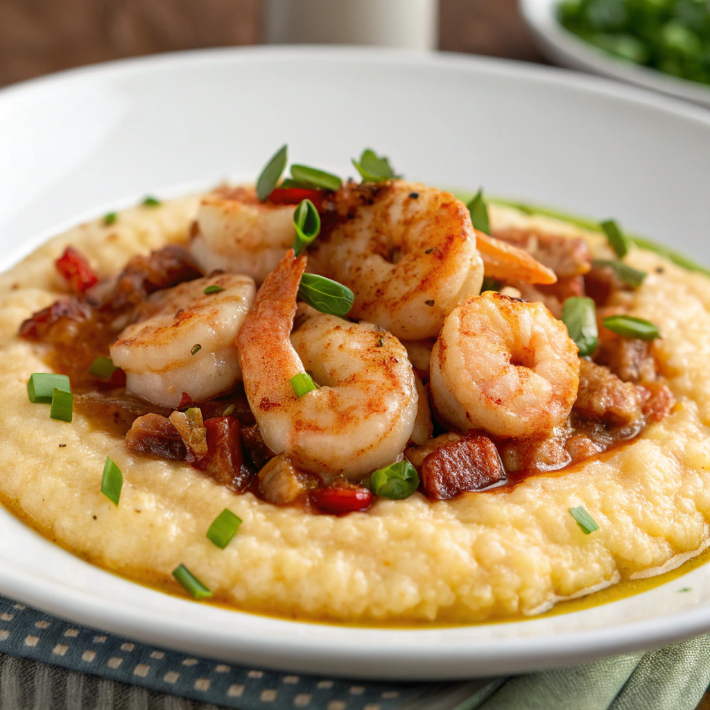 A delicious serving of shrimp and grits, featuring tender shrimp on a bed of creamy, buttery grits, garnished with fresh herbs and a drizzle of hot sauce.