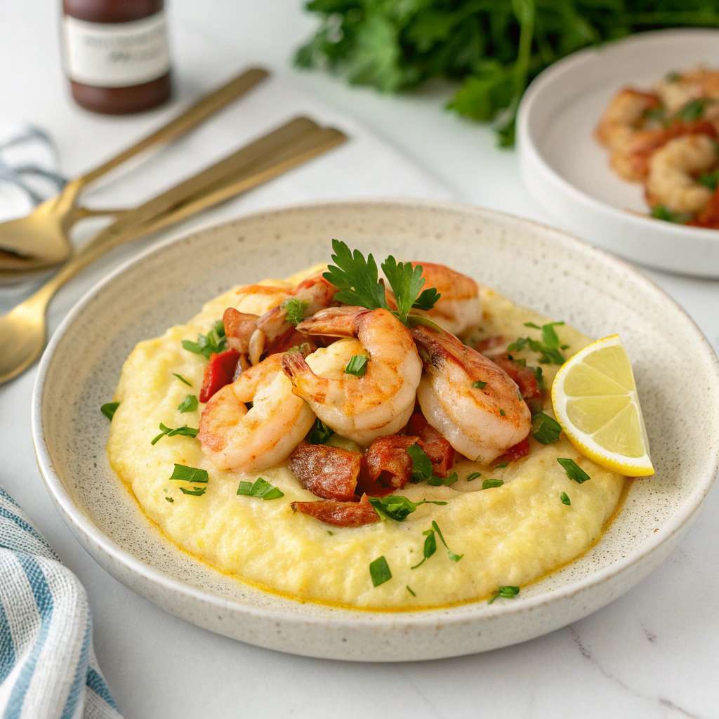 A delicious serving of shrimp and grits, featuring tender shrimp on a bed of creamy, buttery grits, garnished with fresh herbs and a drizzle of hot sauce.