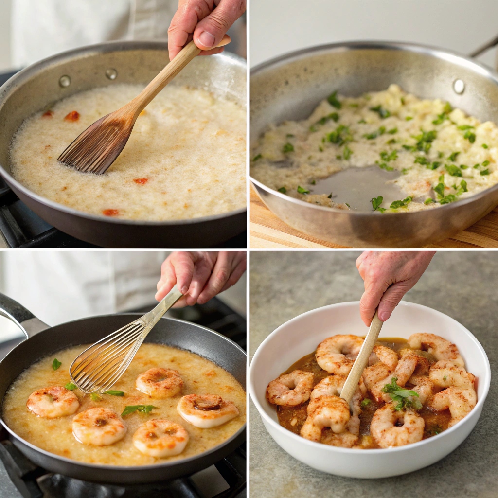 A kitchen countertop showing ingredients for shrimp and grits, along with cooking tools such as a skillet, spatula, and measuring cups ready for preparing the dish.