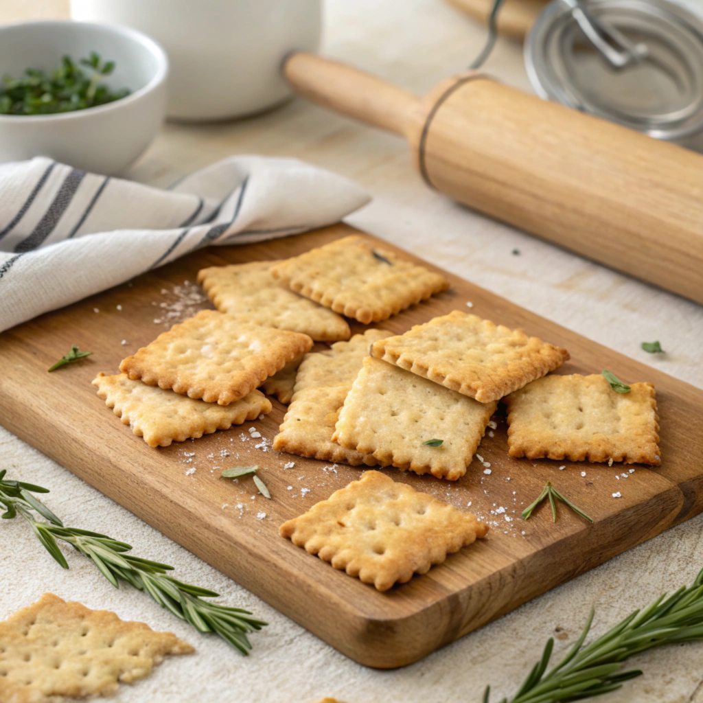 Crispy homemade sourdough discard crackers with a golden brown texture, seasoned with salt and herbs, arranged on a baking sheet.