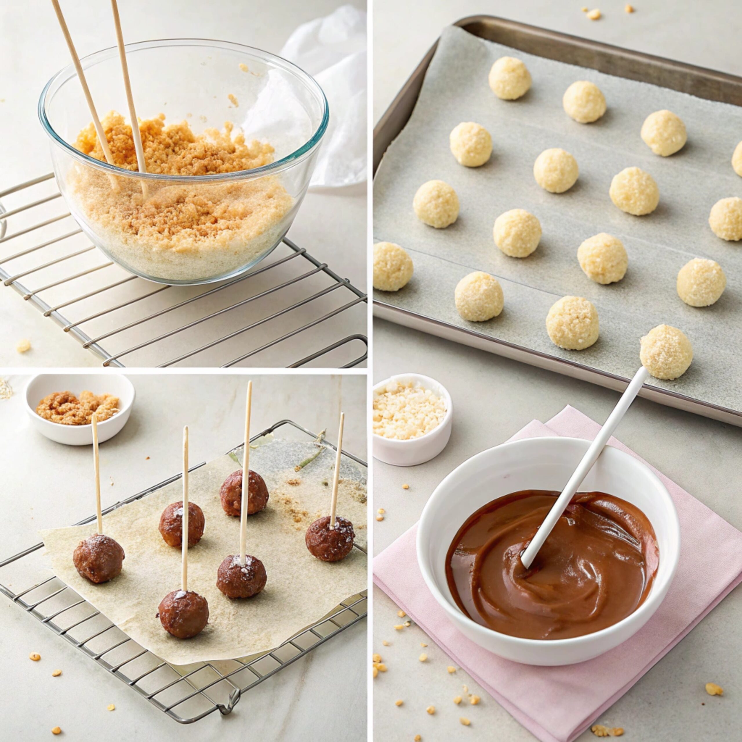 Series of images showing the steps to make cake pops, including crumbling cake, mixing with frosting, shaping into balls, dipping in chocolate, and decorating.