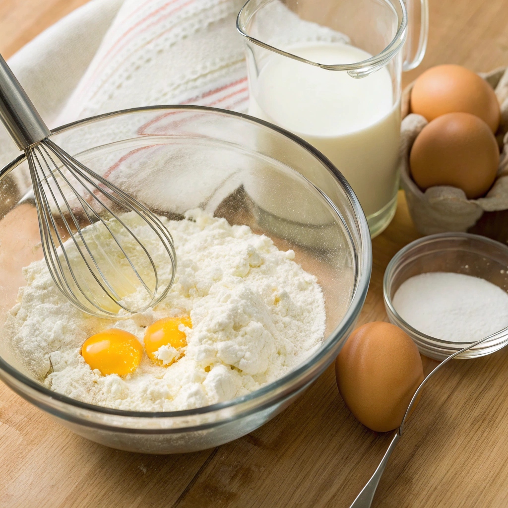 A step-by-step collage showing the process of making ricotta pancakes: mixing ingredients, pouring batter onto a griddle, flipping the pancakes, and serving them topped with syrup and berries.