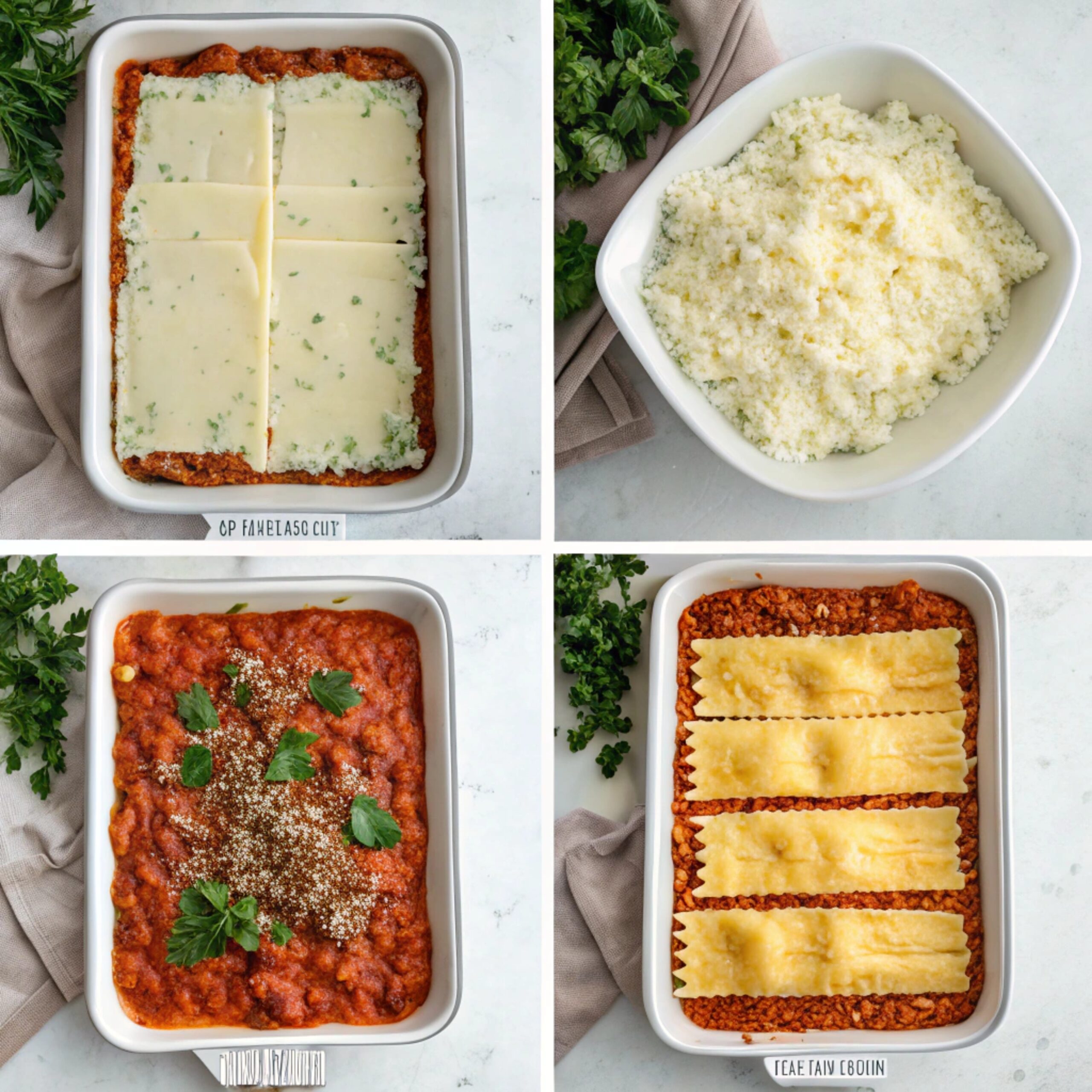 Preparation process of Easy lasagna Recipe, showing cheese, pasta layering, and spinach topping in a baking dish.
