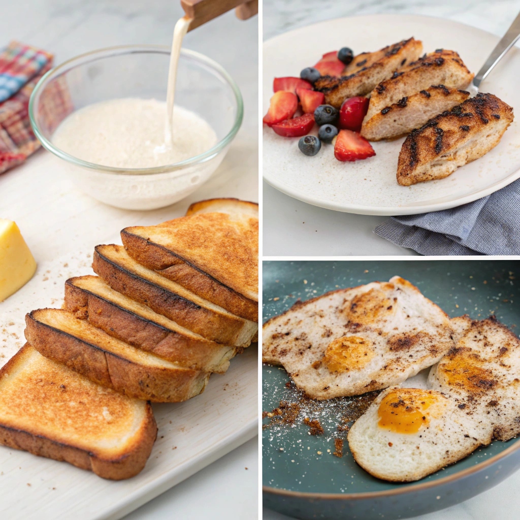 A plate of golden French Toast topped with sliced chicken breast and scrambled eggs, garnished with fresh herbs and served with a side of syrup.