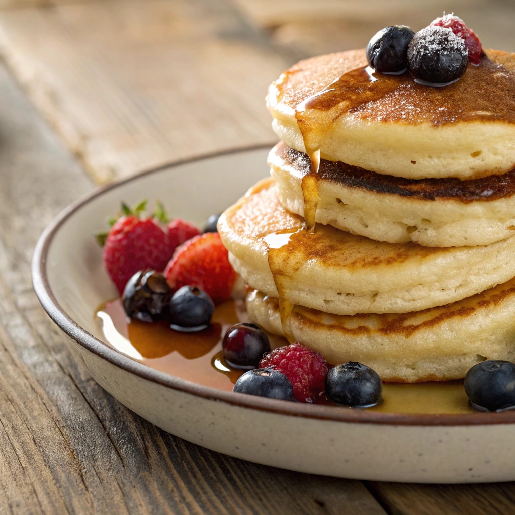 A close-up shot of fluffy ricotta pancakes topped with fresh berries, syrup, and a dusting of powdered sugar, showcasing their soft and airy texture.
