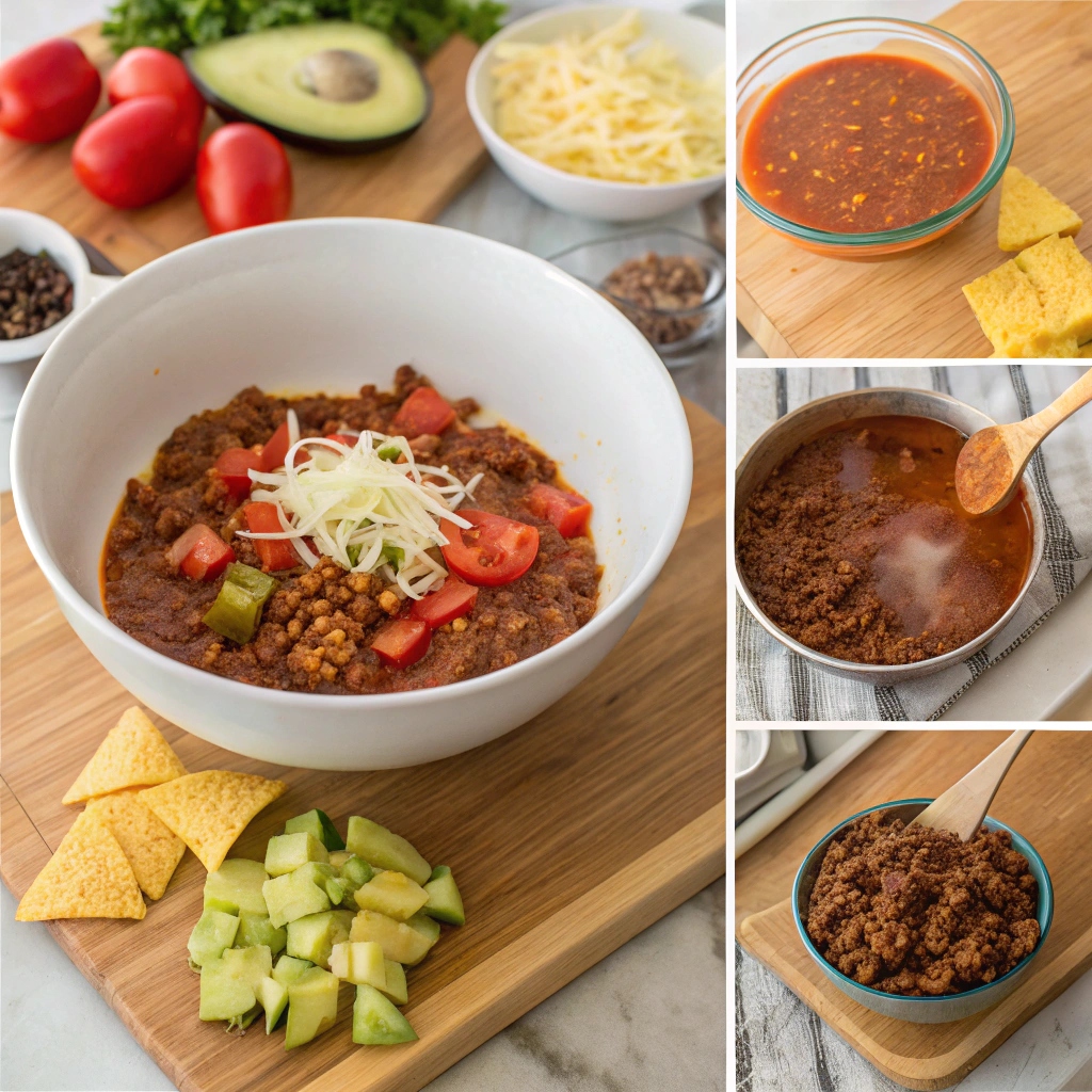 Step-by-step process showing ground beef browning in a pot, adding onions and garlic, mixing in spices, pouring in tomatoes and broth, simmering the soup, and serving with toppings.