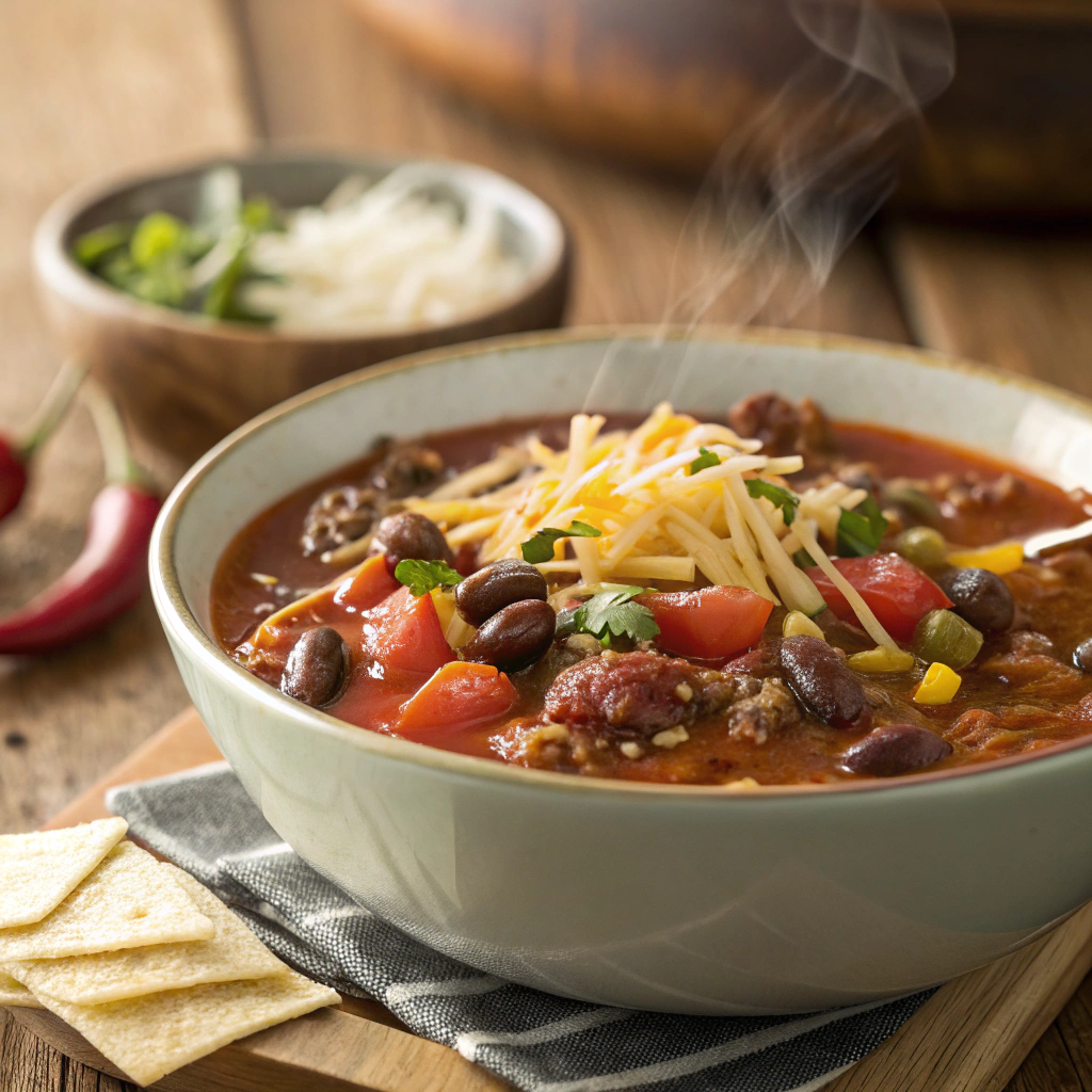 "Close-up of a hearty bowl of taco soup with ground beef recipe, topped with shredded cheese, sour cream, fresh cilantro, and tortilla chips, served on a rustic table."







