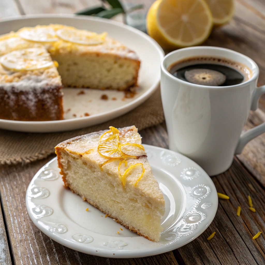 A slice of lemon cake served on a plate beside a steaming cup of coffee.