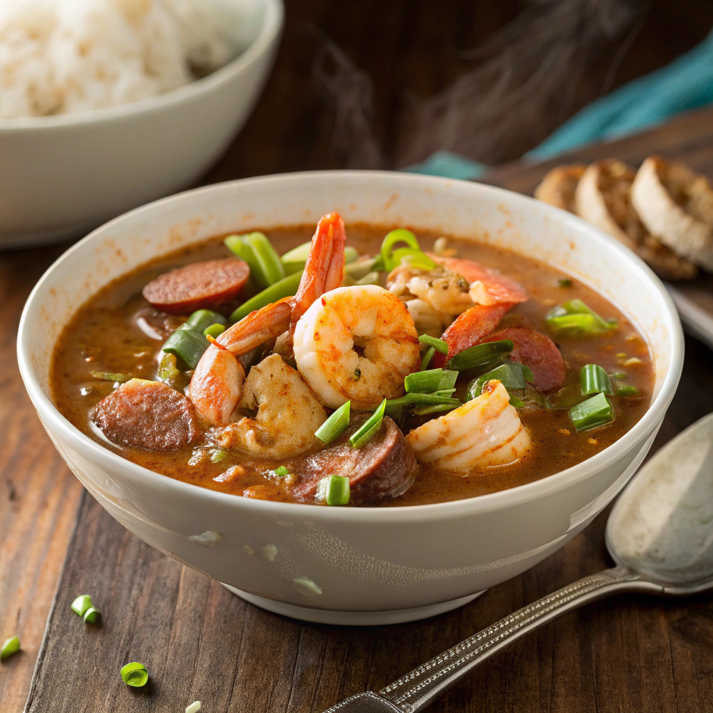 "Delicious bowl of homemade seafood gumbo with shrimp, crab, and a rich, flavorful broth served over rice."