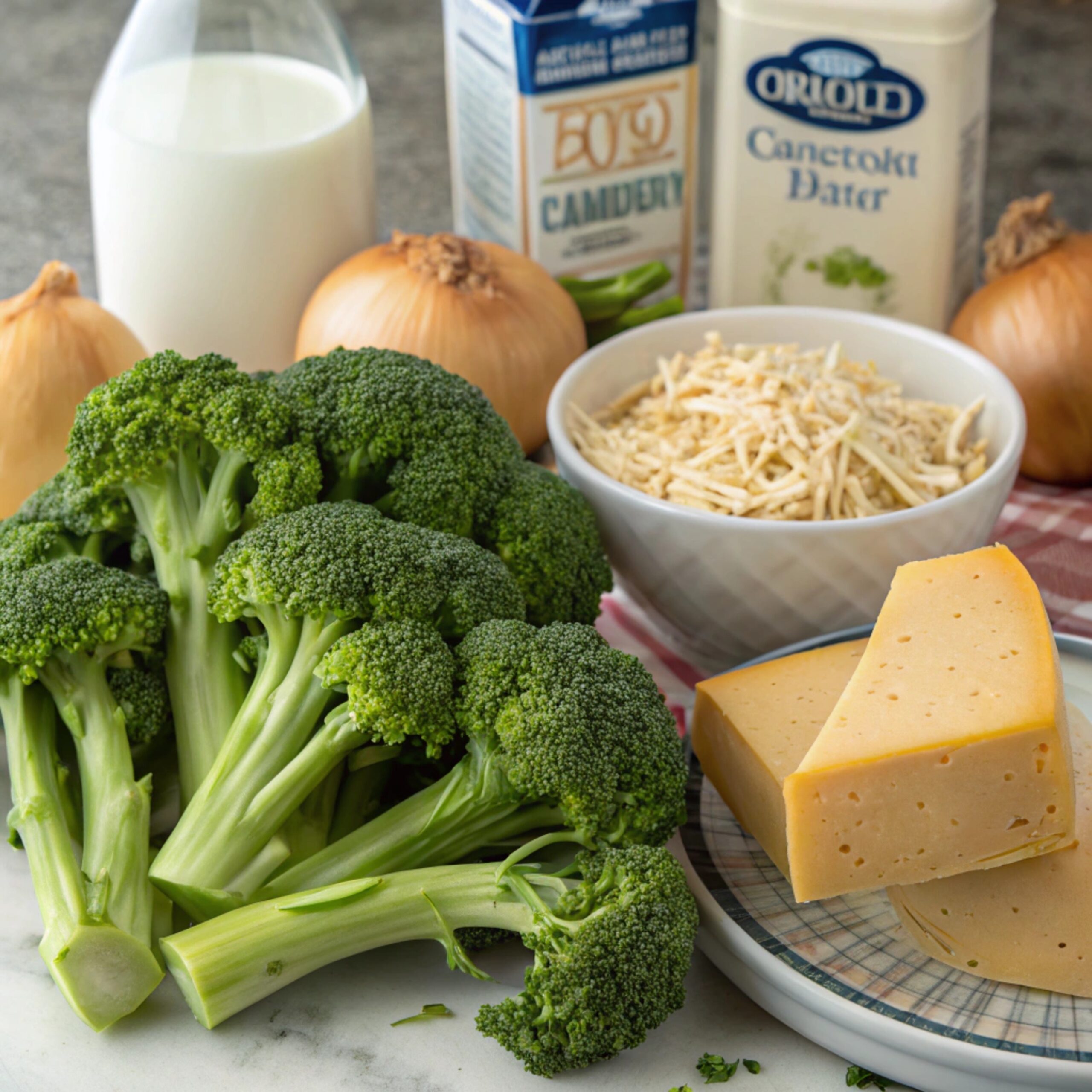A beautifully arranged shot of fresh broccoli, shredded cheddar cheese, garlic, onions, and cream on a wooden table, showcasing high-quality ingredients for Broccoli Cheddar Soup.