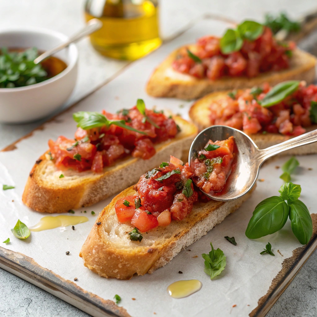Fresh tomato basil mixture spooned onto toasted bread slices, ready to serve as bruschetta.