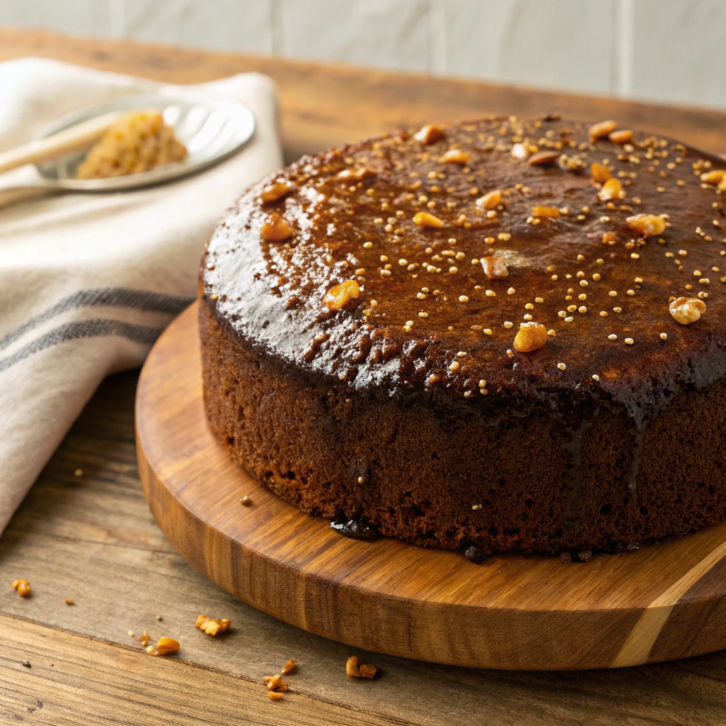 A sliced traditional Jewish honey cake (Lekach) on a plate, showing its moist texture with a golden-brown crust and a drizzle of honey glaze.