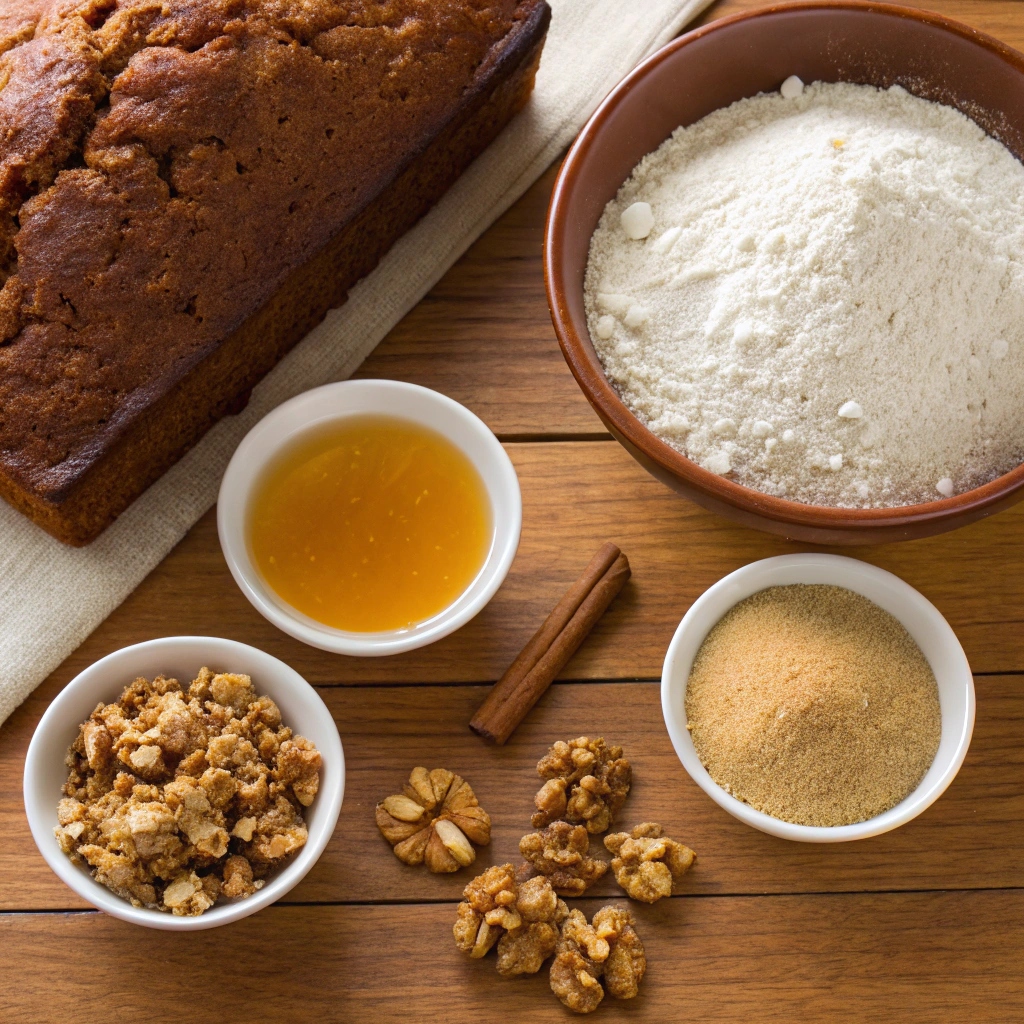 A flat lay of ingredients for honey cake, including honey, flour, eggs, cinnamon, baking soda, and sugar arranged on a wooden surface.