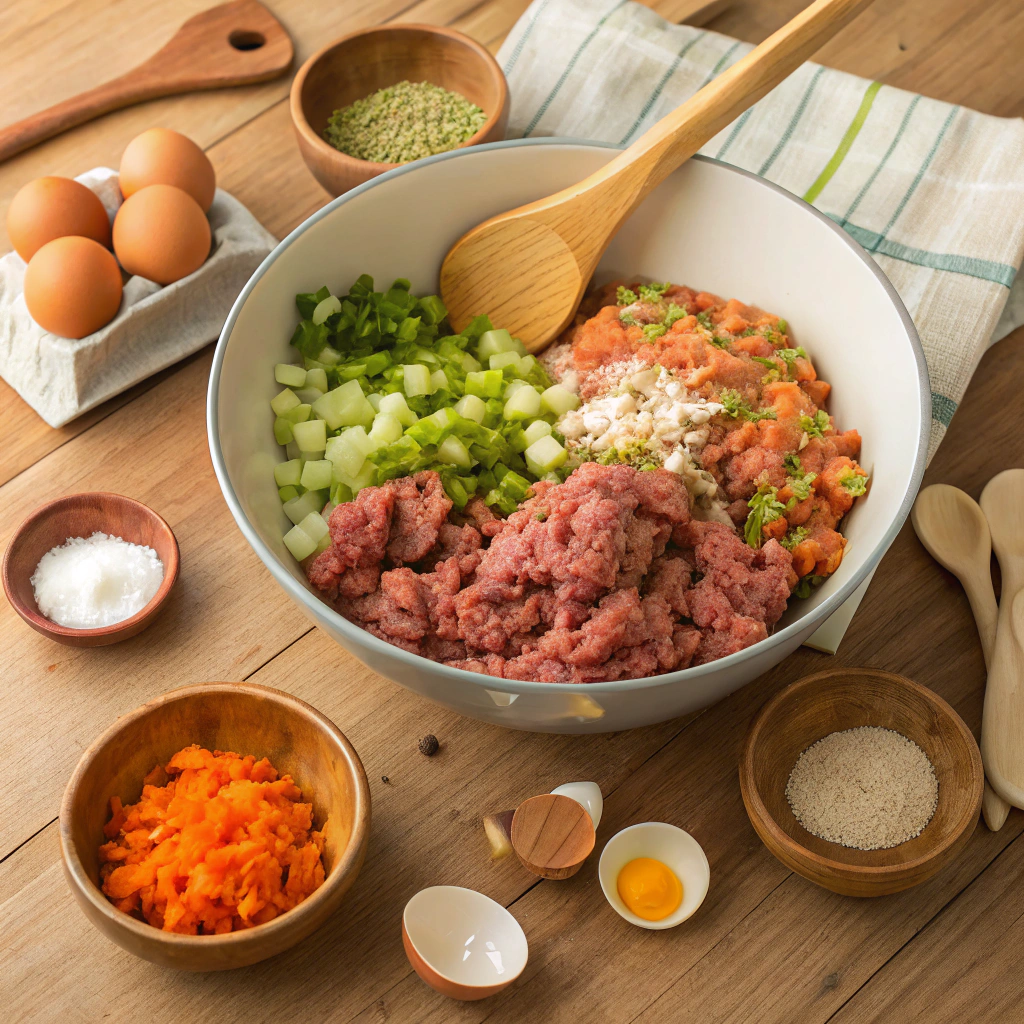 "Step-by-step process of making meatloaf, showing each stage from mixing ingredients, shaping the loaf, to baking and resting before slicing."