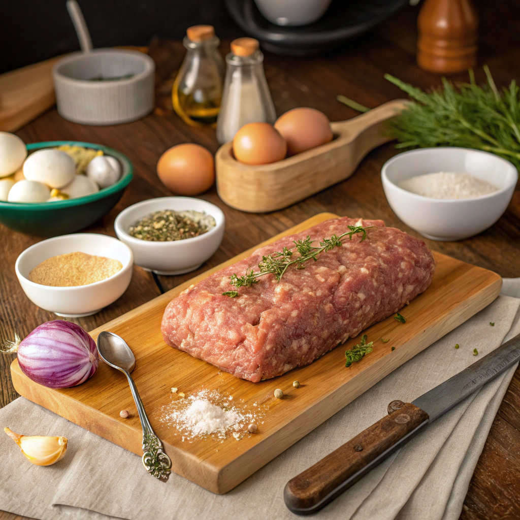 "Step-by-step process of making meatloaf, showing each stage from mixing ingredients, shaping the loaf, to baking and resting before slicing."