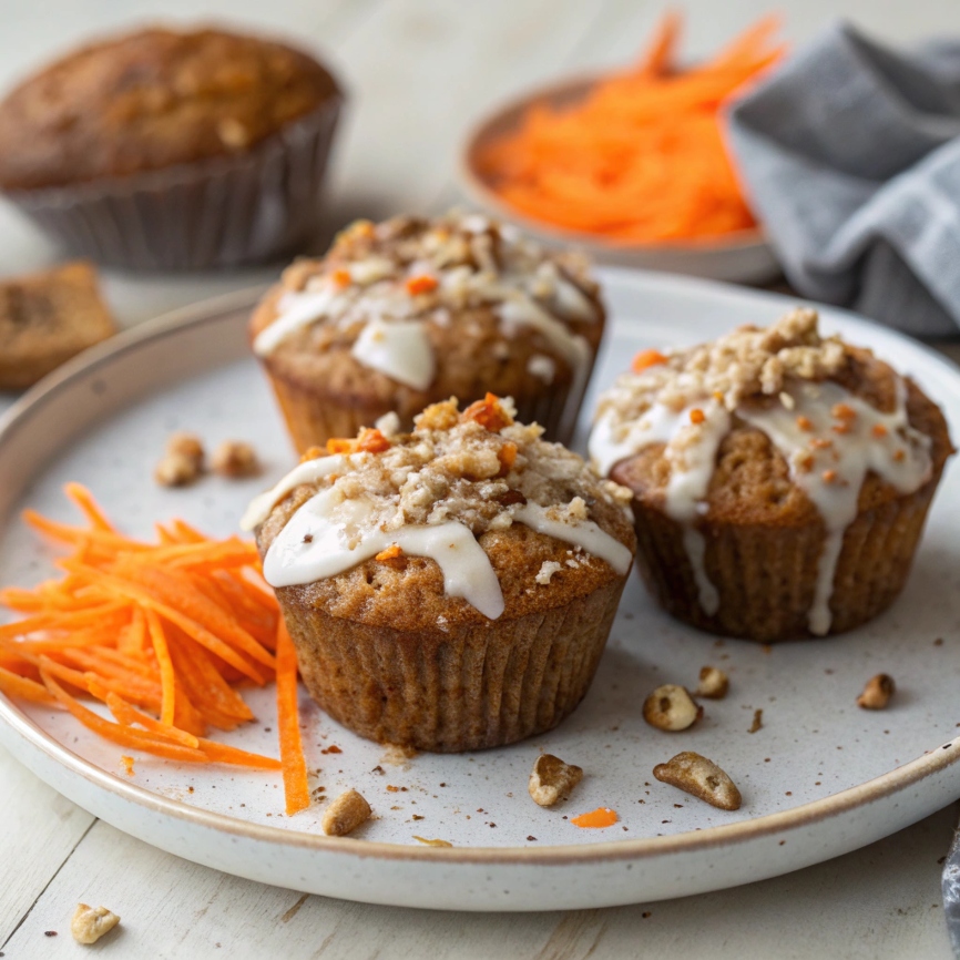 Vegan carrot cake muffins topped with a light drizzle of coconut glaze, garnished with chopped nuts and shredded carrots on a plate.