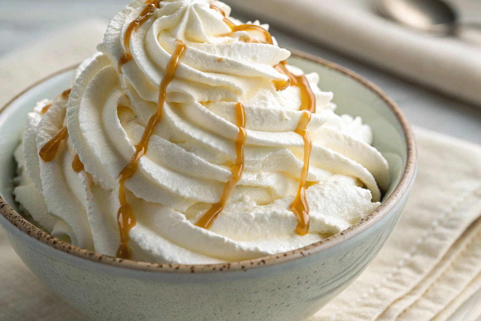 A bowl of thick, fluffy whipped cream topped with a drizzle of vanilla extract, ready to be used as a topping for strawberry shortcake.