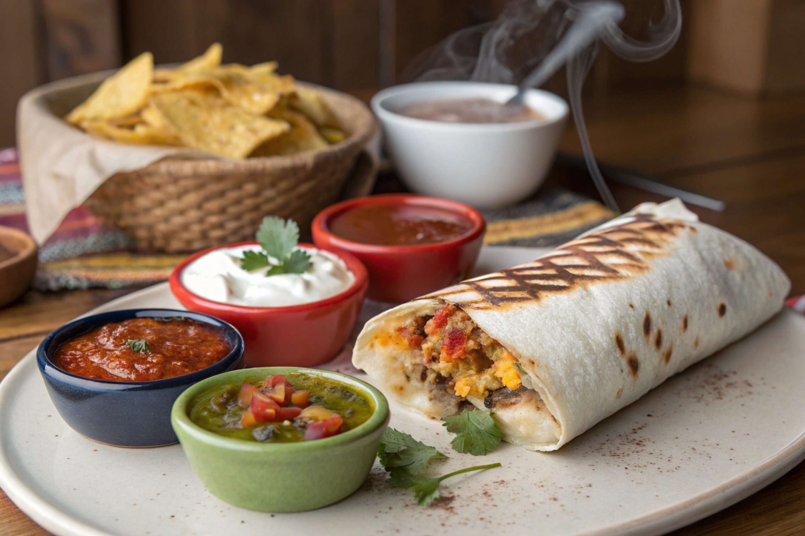 A breakfast burrito served alongside small bowls of various sauces, including salsa, sour cream, and hot sauce.