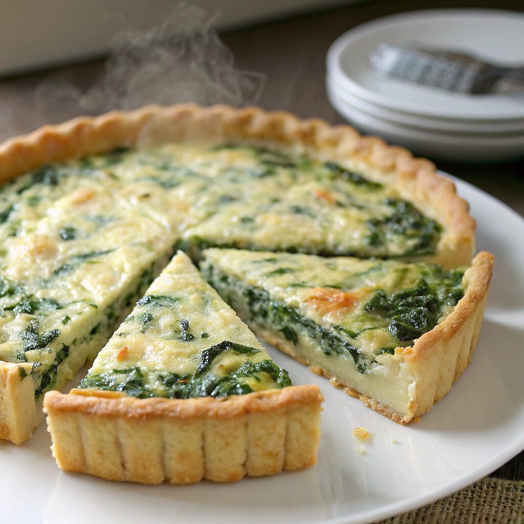 A freshly baked spinach quiche with a golden, flaky crust filled with a creamy spinach and cheese mixture, sliced and ready to serve.