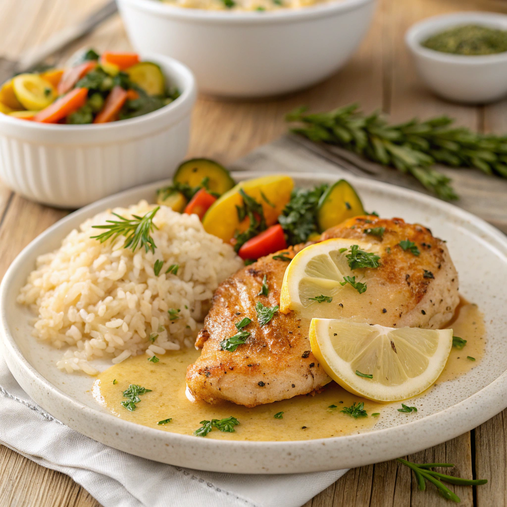 Served lemon chicken garnished with fresh herbs on a plate with vegetables