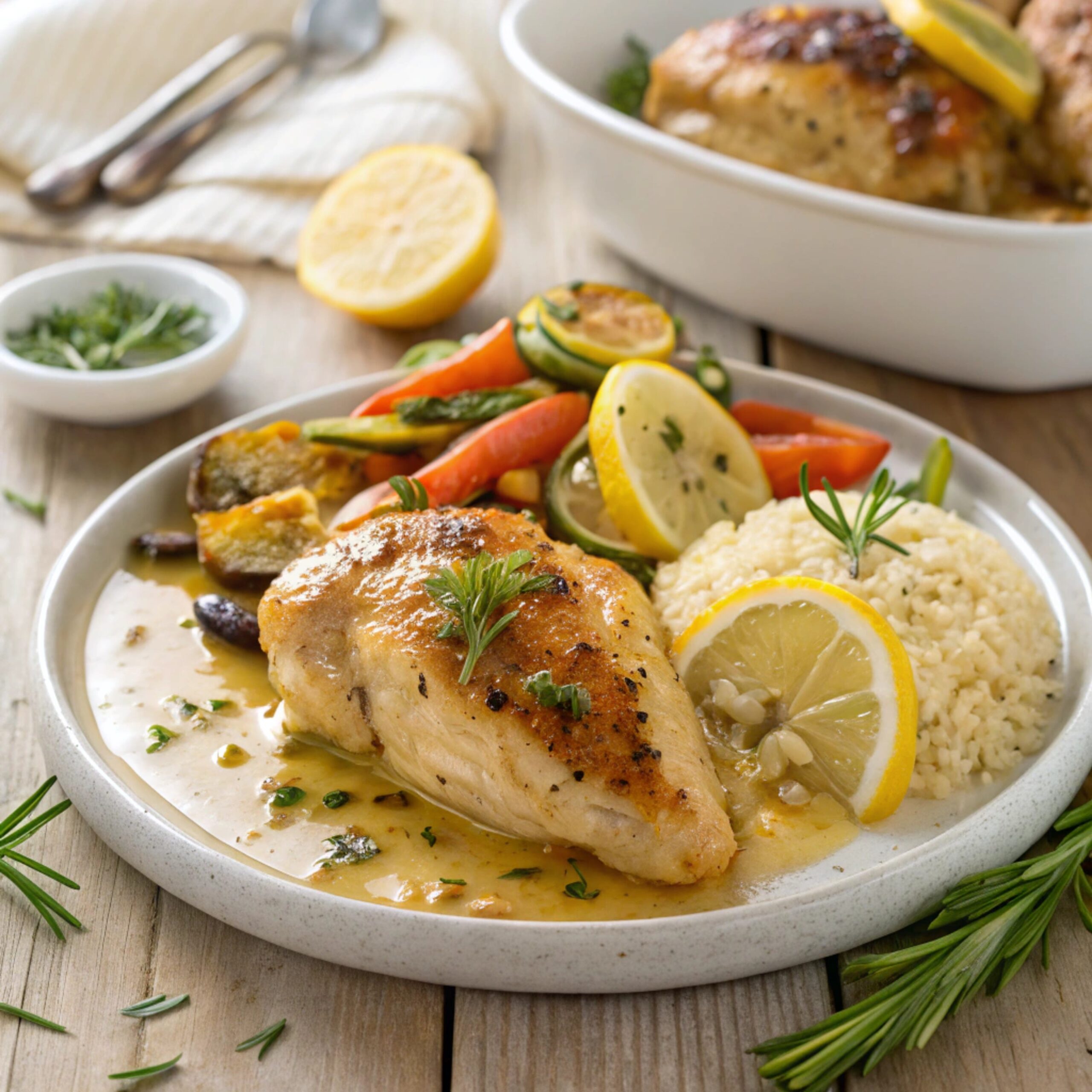Freshly cooked lemon chicken served with herbs and vegetables on a plate