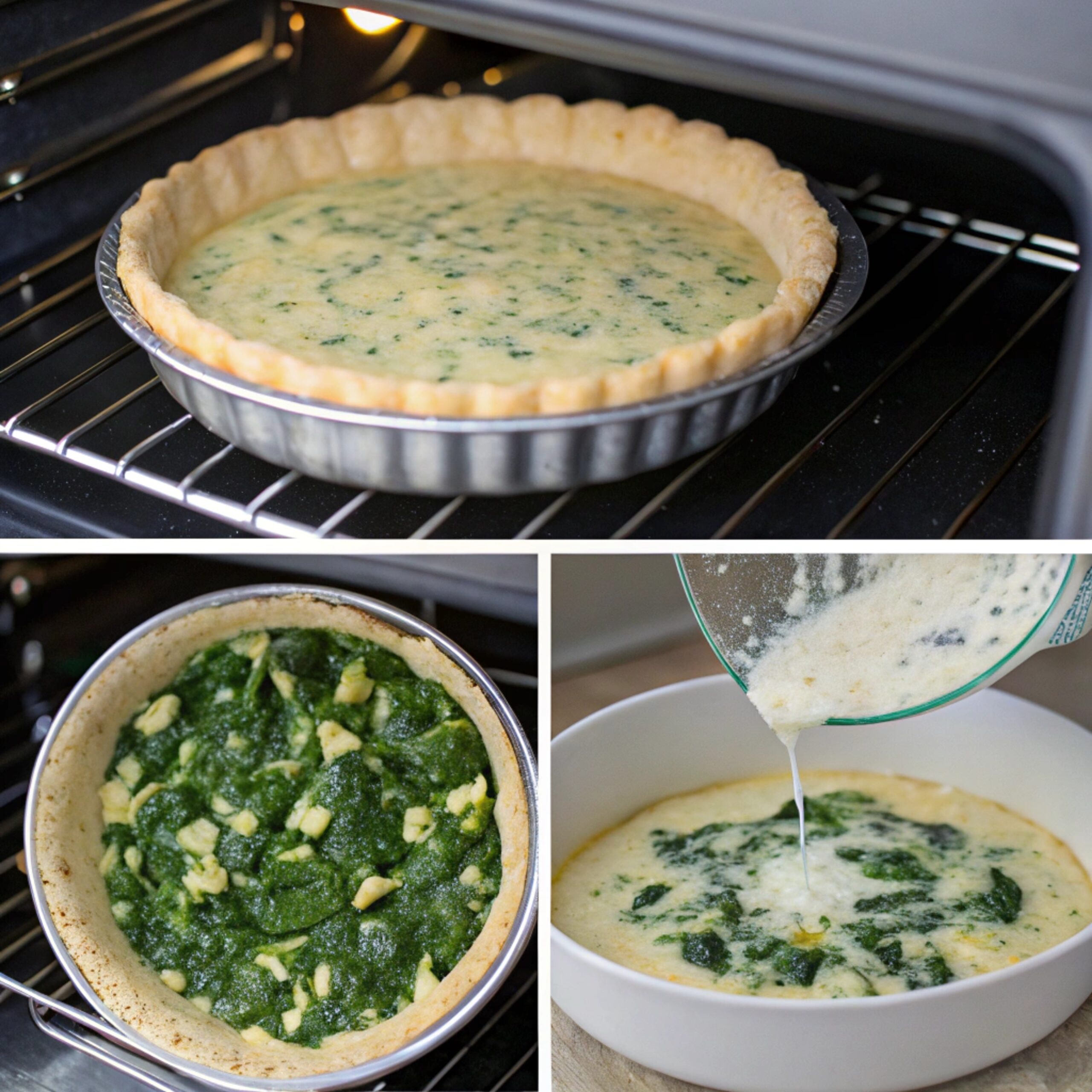 A step-by-step visual of making spinach quiche, including forming the crust, sautéing spinach and onions, mixing the filling, pouring it into the crust, and baking in the oven.